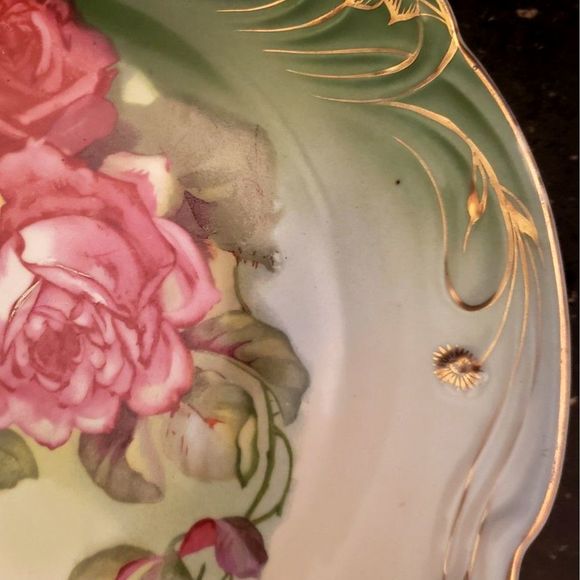 Bavaria Round Platter Porcelain Plate Pink Yellow Roses Green Gold Vintage - Picture 9 of 10
